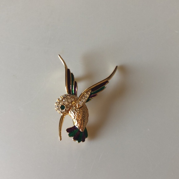 Hummingbird Brooch - Vintage 80s Enamel Rhinestone Pin - Picture 4 of 4